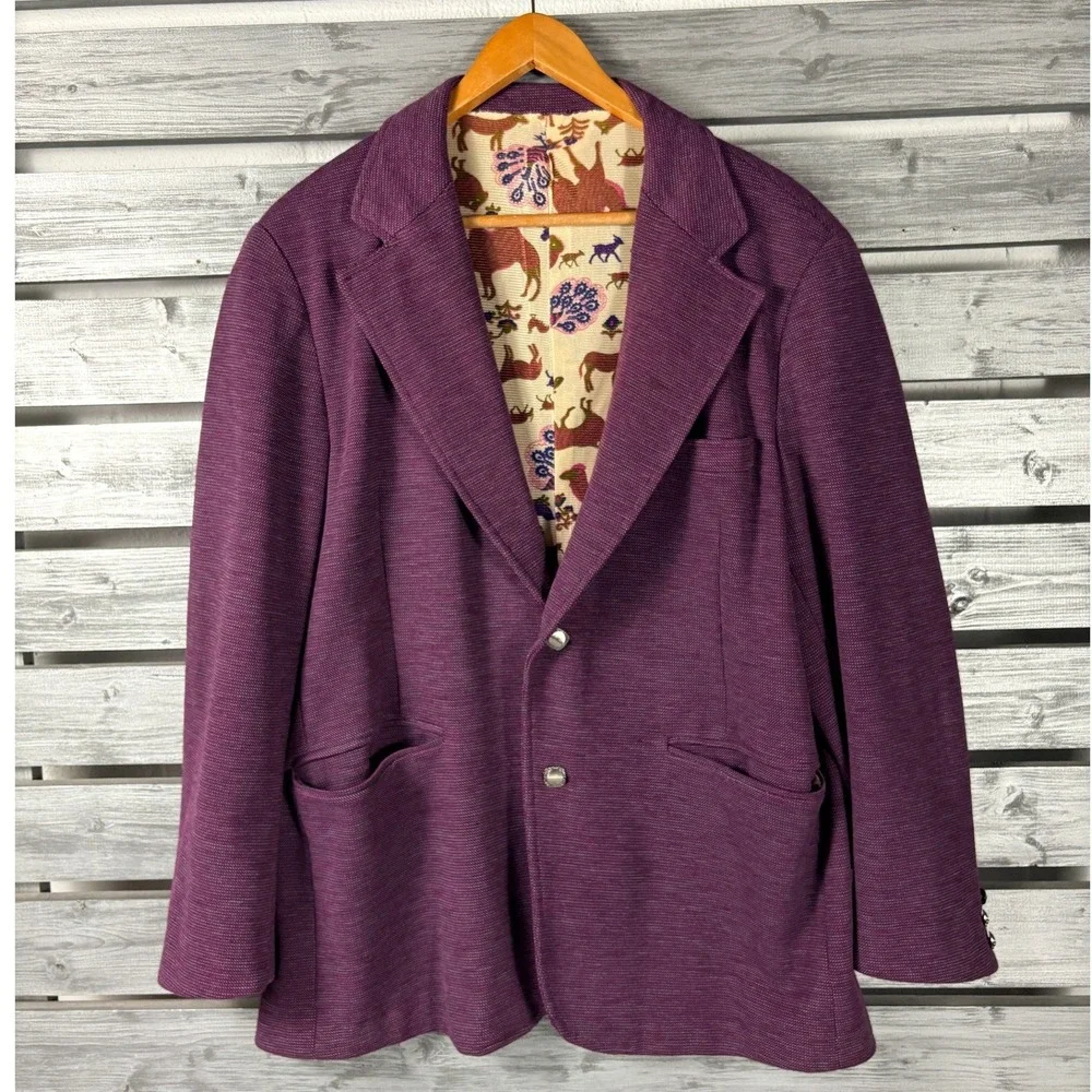 Vintage 70s Handmade Purple Knit Blazer Animal Print Leisure Suit Disco Mens 44